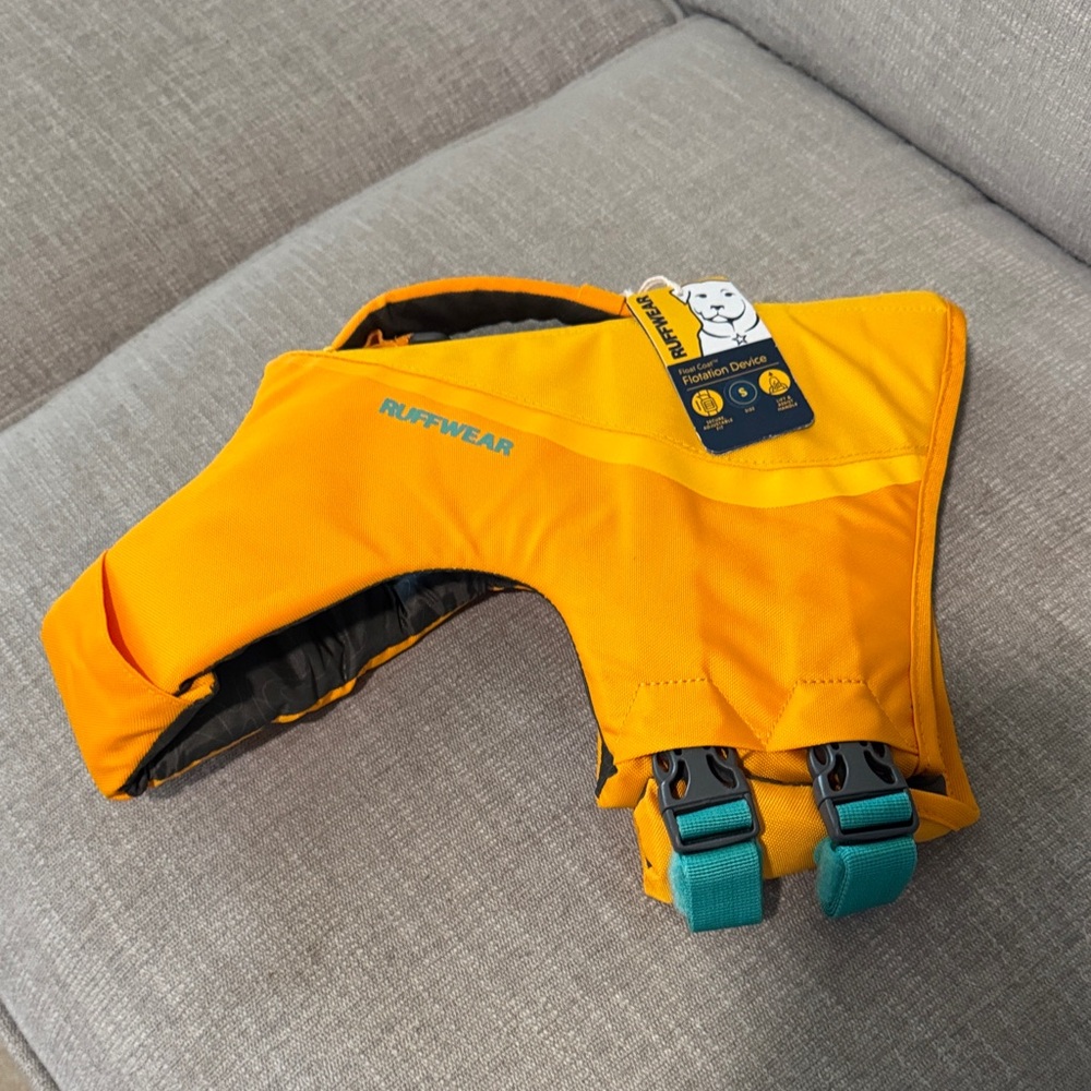 Ruffwear Orange Dog Life Jacket with Teal Buckles